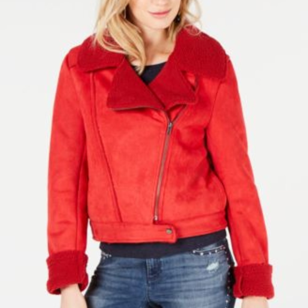 The Fifth Label Faux-Fur Moto Jacket Red